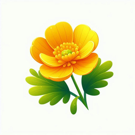 Illustration of a yellow flower with green leaves on a white backgroundのイラスト素材