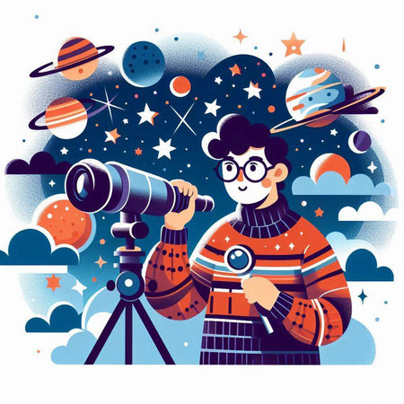 Astronaut looking through telescope. Vector illustration in cartoon style.のイラスト素材