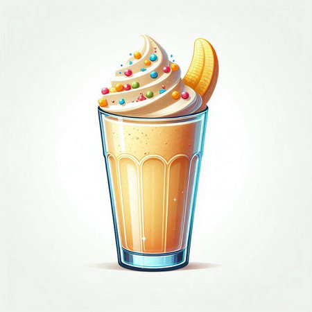Milkshake with whipped cream, banana and candies. Vector illustration.のイラスト素材