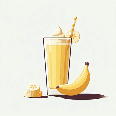 Banana smoothie in a glass with a straw. Vector illustration.のイラスト素材