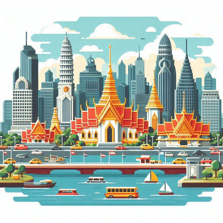 Bangkok city skyline, Thailand. Vector illustration in flat style.のイラスト素材