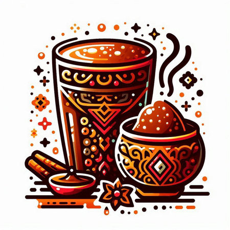 Illustration of traditional indian drink in ethnic style. Vector illustration.のイラスト素材