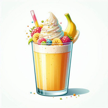 Banana smoothie with whipped cream and fruits in glass vector illustrationのイラスト素材