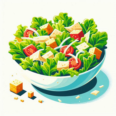 Salad with cheese and vegetables in a bowl. Vector illustration.のイラスト素材