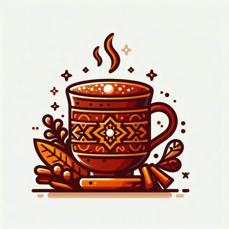 Cup of coffee with autumn leaves and cinnamon. Vector illustration.のイラスト素材