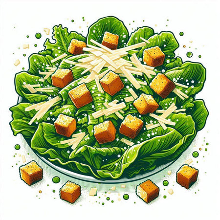 Illustration of a salad with cheese, lettuce and dumplingsのイラスト素材