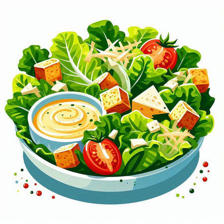 Illustration of a bowl of salad with hummus, tomatoes and cheeseのイラスト素材