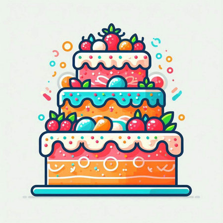 Colorful vector illustration of a birthday cake with berries and sweets.のイラスト素材