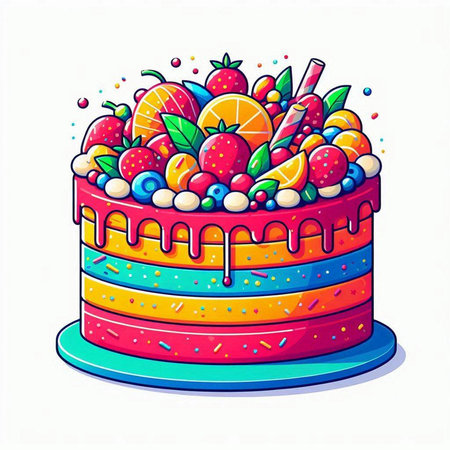 Birthday cake with fruits and berries. Vector illustration in cartoon style.のイラスト素材