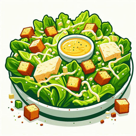 Salad with lettuce, cheese and sauce in a bowl. Vector illustration.のイラスト素材