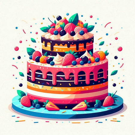 Birthday cake with strawberries, blueberries and cherries. Vector illustration.のイラスト素材