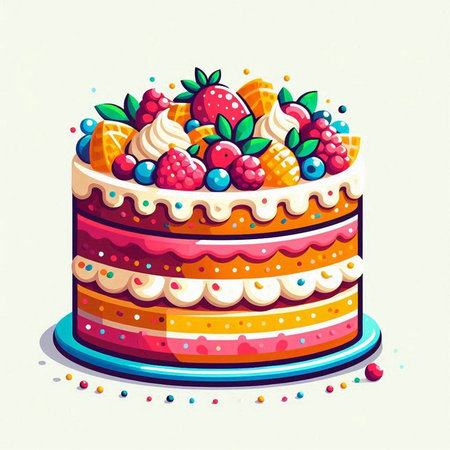 Cake with cream, berries, fruits. Vector illustration in cartoon styleのイラスト素材