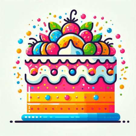 Birthday cake decorated with fruits and berries. Colorful vector illustration.のイラスト素材