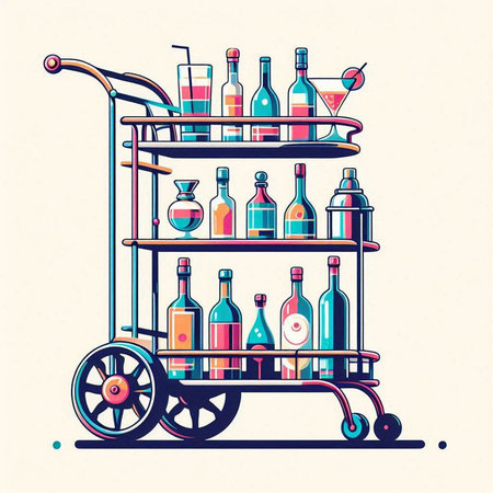 Cocktail bar trolley with bottles of wine, vector illustrationのイラスト素材