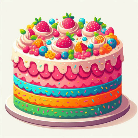 Birthday cake with cream, strawberry and jelly. Vector illustration.のイラスト素材