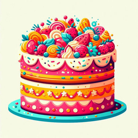 Birthday cake with berries and cream. Vector illustration in flat styleのイラスト素材