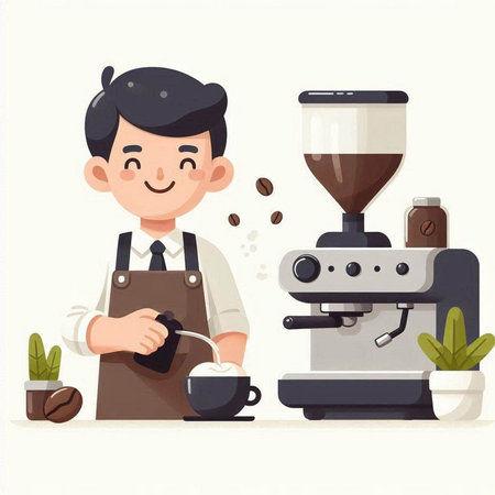 Coffee maker and barista. Vector illustration in cartoon styleのイラスト素材