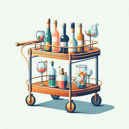 Vector illustration of a hand truck with bottles of wine and glasses.のイラスト素材