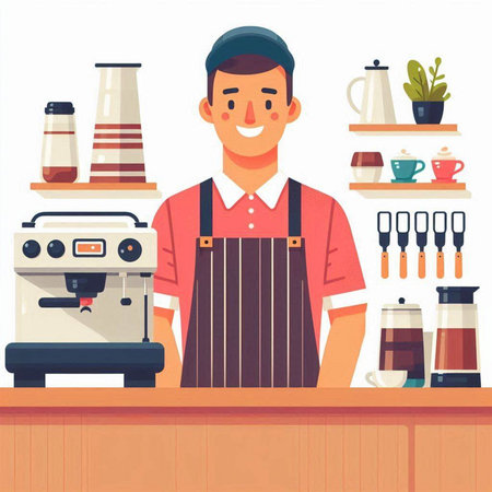 Coffee shop. Male barista in apron standing at the counter. Vector illustrationのイラスト素材
