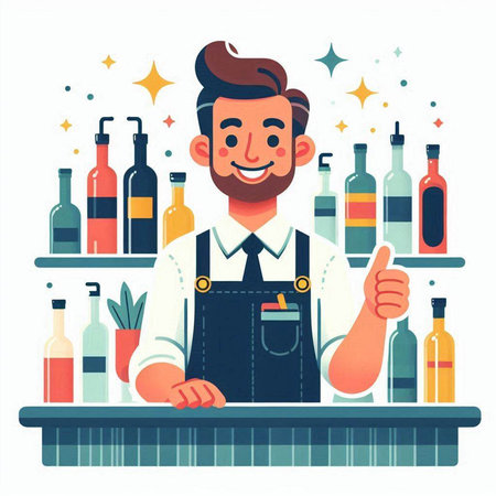 Bartender at the counter in the bar. Cartoon vector illustrationのイラスト素材
