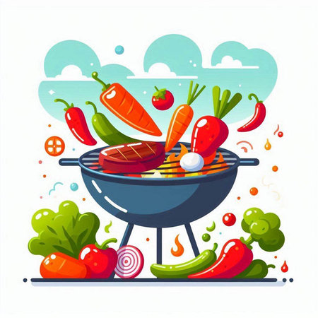 BBQ grill with fresh vegetables. Vector illustration in cartoon style.のイラスト素材