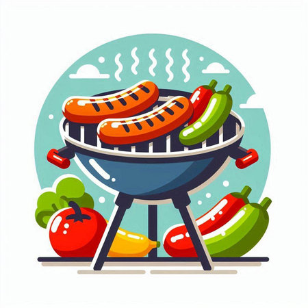 Barbecue grill with grilled sausages, hot peppers and tomatoes. Vector illustrationのイラスト素材