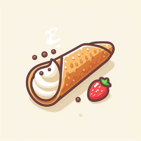 Illustration of ice cream wafer roll with whipped cream and strawberryのイラスト素材