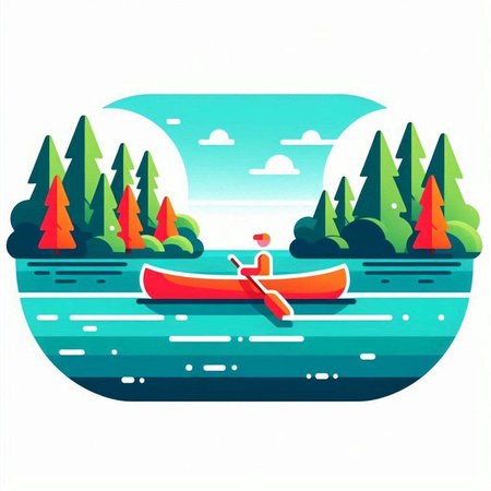 Kayak on the river. Vector illustration in flat cartoon style.のイラスト素材