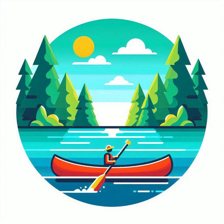 Kayaking on the lake. Vector illustration in a flat style.のイラスト素材
