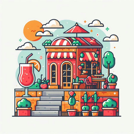 Vector illustration of a cozy terrace with a bar and a restaurant.のイラスト素材