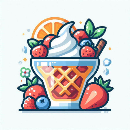 Ice cream in a waffle cup with berries and fruits. Vector illustration.のイラスト素材