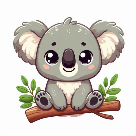 Cute cartoon koala sitting on a tree branch. Vector illustrationのイラスト素材