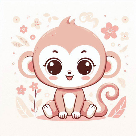 Cute baby monkey with flowers and leaves. Vector illustration in cartoon style.のイラスト素材