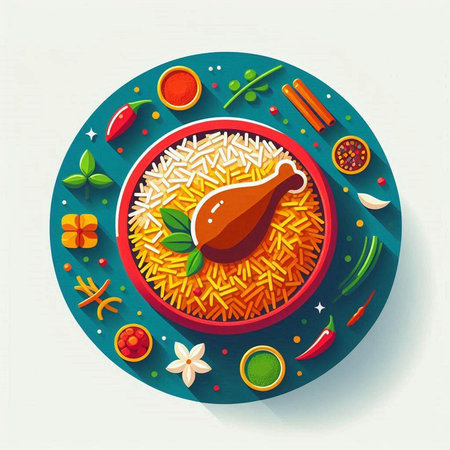 Illustration of rice with chicken and vegetables in flat design style.のイラスト素材