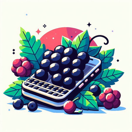 Mobile phone with ripe berries on the background of the sun. Vector illustration.のイラスト素材