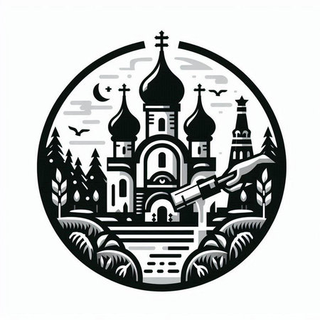 Church of the Intercession of the Holy Virgin on the river. Monochrome vector illustrationのイラスト素材