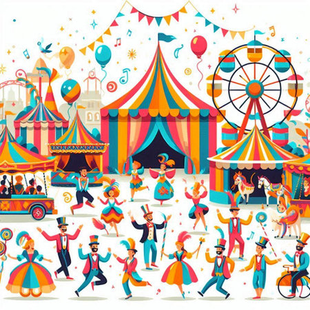 Amusement park background with clowns and circus tent. Vector illustrationのイラスト素材