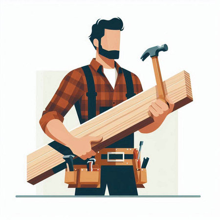 Carpenter with hammer and wooden planks. Vector illustration.のイラスト素材