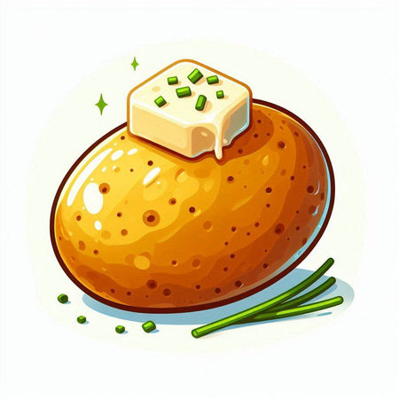 Baked potato with cheese and green onion. Vector illustration on white background.のイラスト素材