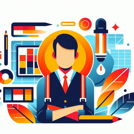 Vector illustration of a businessman working in office. Flat design style.のイラスト素材