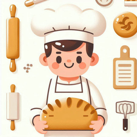 Illustration of a boy wearing a chef hat holding a loaf of breadのイラスト素材