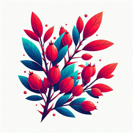 Beautiful vector illustration of rosehip branch with berries and leaves.のイラスト素材