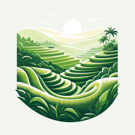 Rice terraces in the morning. Vector illustration of tea plantation.のイラスト素材