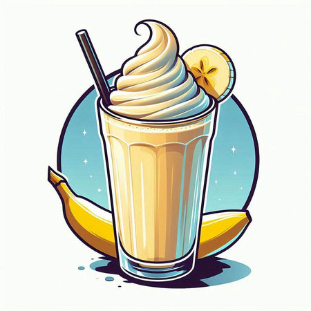 banana milkshake with whipped cream and fresh fruit, vector illustrationのイラスト素材