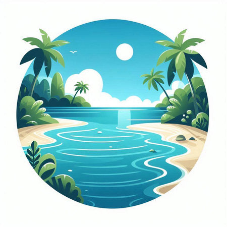 Tropical island with palm trees and sea. Vector illustration.のイラスト素材