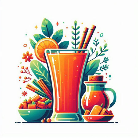 Vector illustration of a glass of fresh carrot juice with cinnamon sticks and oranges.のイラスト素材