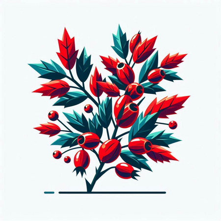 Vector illustration of rosehip branch with red berries and green leaves.のイラスト素材