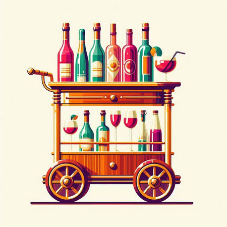 Wooden cart with bottles of wine. Vector illustration in retro styleのイラスト素材