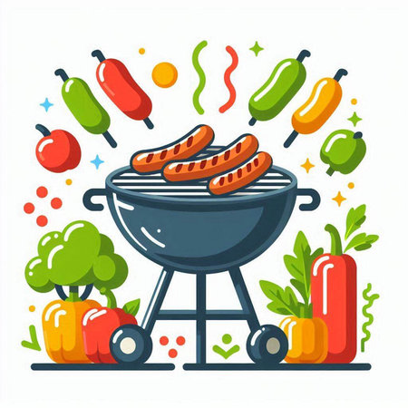 BBQ grill with sausages and vegetables. Vector illustration.のイラスト素材