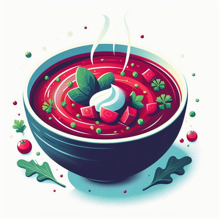 Vector illustration of a bowl of red borscht with parsley, dill and sour creamのイラスト素材
